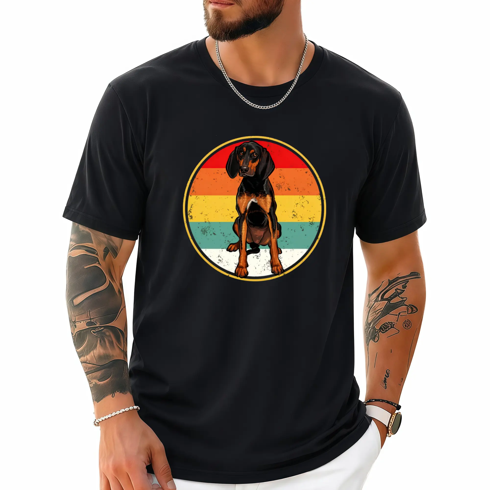 Men's & Women's Vintage Black & Tan Coonhound Dog T-Shirt - 100% Cotton Casual Short Sleeve Tee with Hound Print, Hunting & Outdoor Apparel (Sizes S-XXXL) - Retro Houndstooth-Like Design for Coonhound Breed Lovers