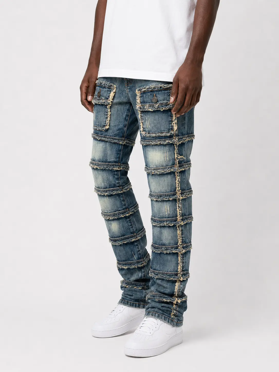 Menswear Cotton Garment, FWRD Patchwork True Stacked Denim Pants FW-33958 (Lt. Tint) with Pocket