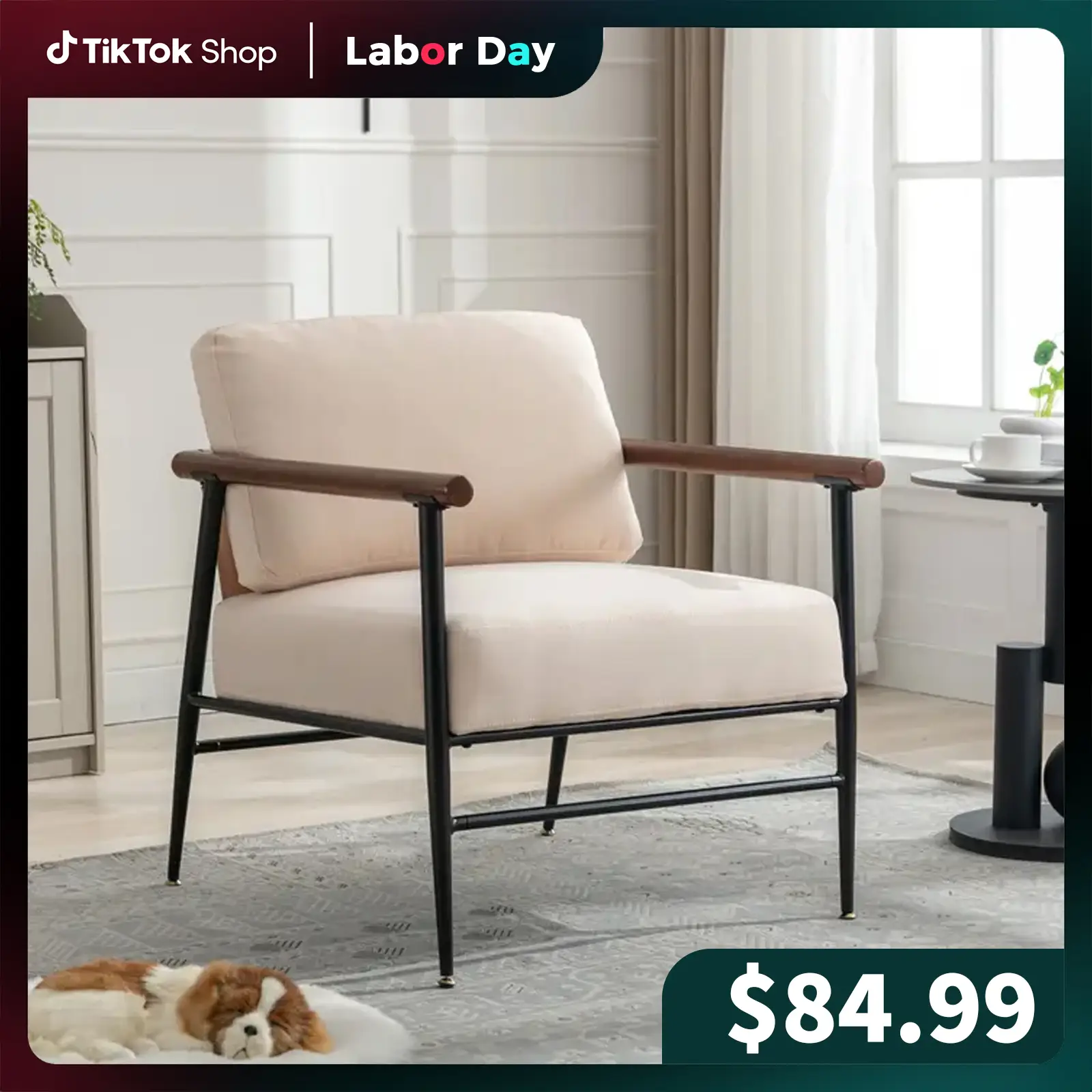 [Restock]Ebello Mid Century Modern Accent Chair, Fabric Lounge Chair with Steel Frame, Comfy Simple Upholstered Armchair for Living Room