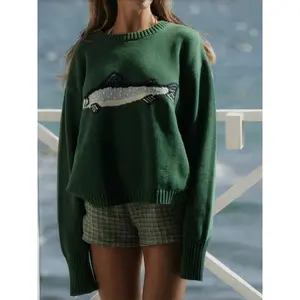 Women’s long-sleeve crewneck knit pullover sweater with a cute fish graphic — casual loose crop knit top for fall outings and streetwear