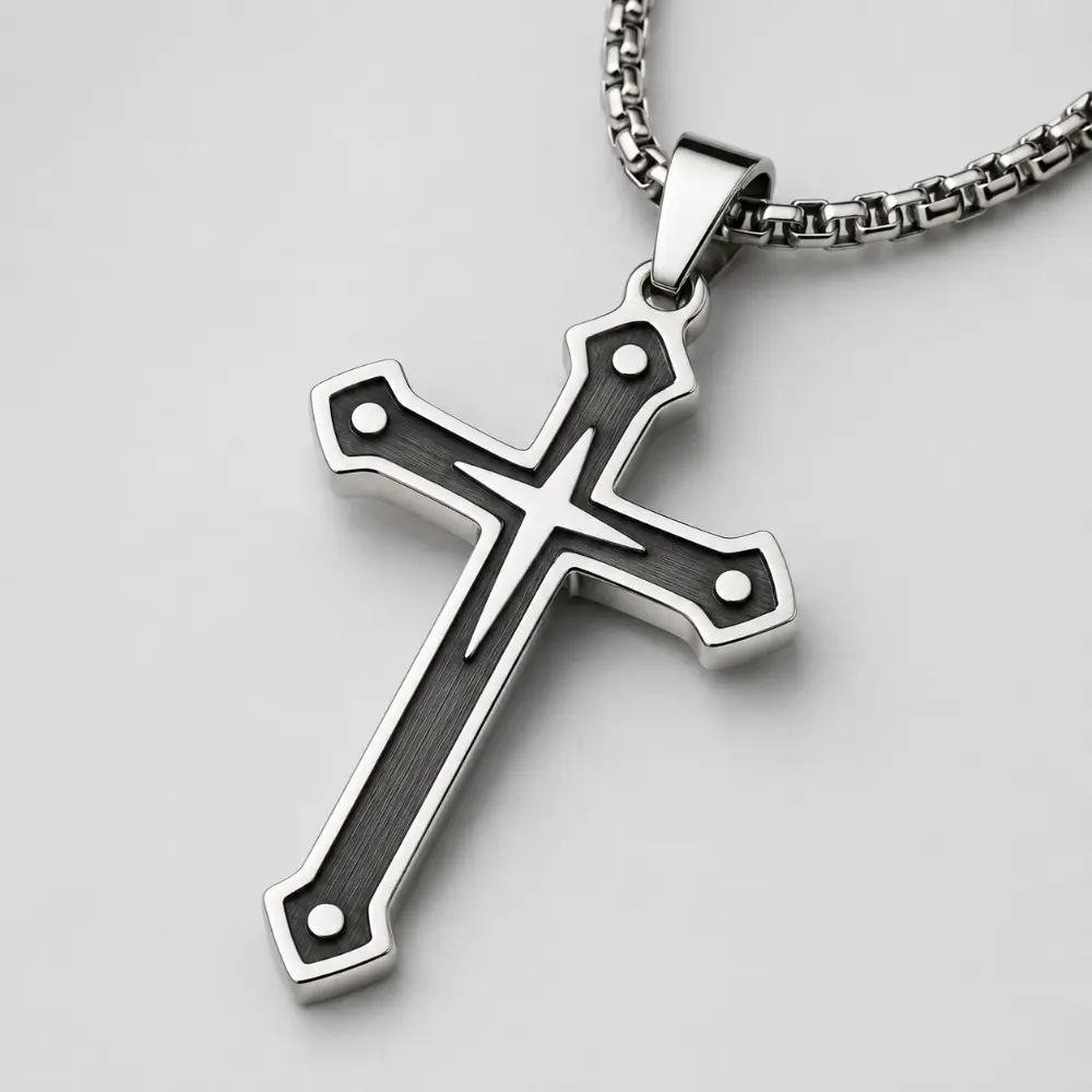 Men’s Long Black Stainless Steel Cross Necklace - Casual Style, Mirror-Polish Shine, Black Cross Christian Pendant, Daily Versatile Male Chain & Link Faith Fashion Jewelry, Casual Style Necklaces, Black Cross Design