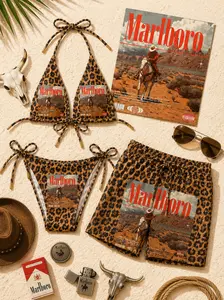 Marlboro Leopard Print Bikini & Men’s Short Set – Vintage Western Graphic Beachwear, Summer Vacation Outfit, Sexy Swimwear, Cowboy Desert Style, Trendy Beach Look, Pool Party, Resort Wear, Y2K Aesthetic, Vacation Essentials