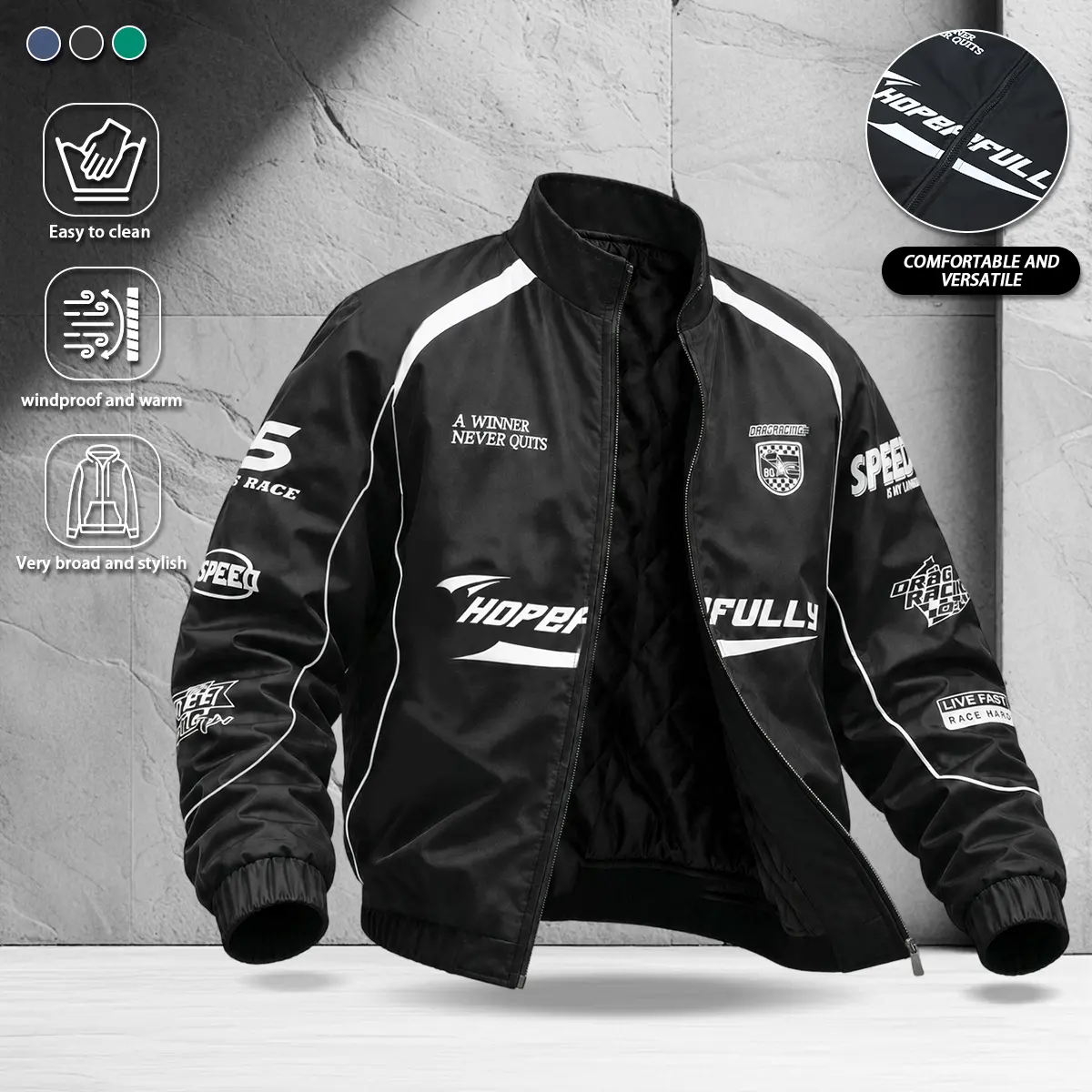 Men's American Vintage Racing Style Jacket | Stitched Letter Print Stand Collar Motorcycle Jacket
