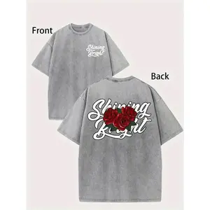 Men's 230g Heavyweight 100% Cotton T-Shirt - Dual-Sided Washed Streetwear Tee with "Shining Bright" Cursive Print & Red Roses, Loose Fit Casual Shirt for Outdoor Travel, Gift for Family Friends Colleagues,