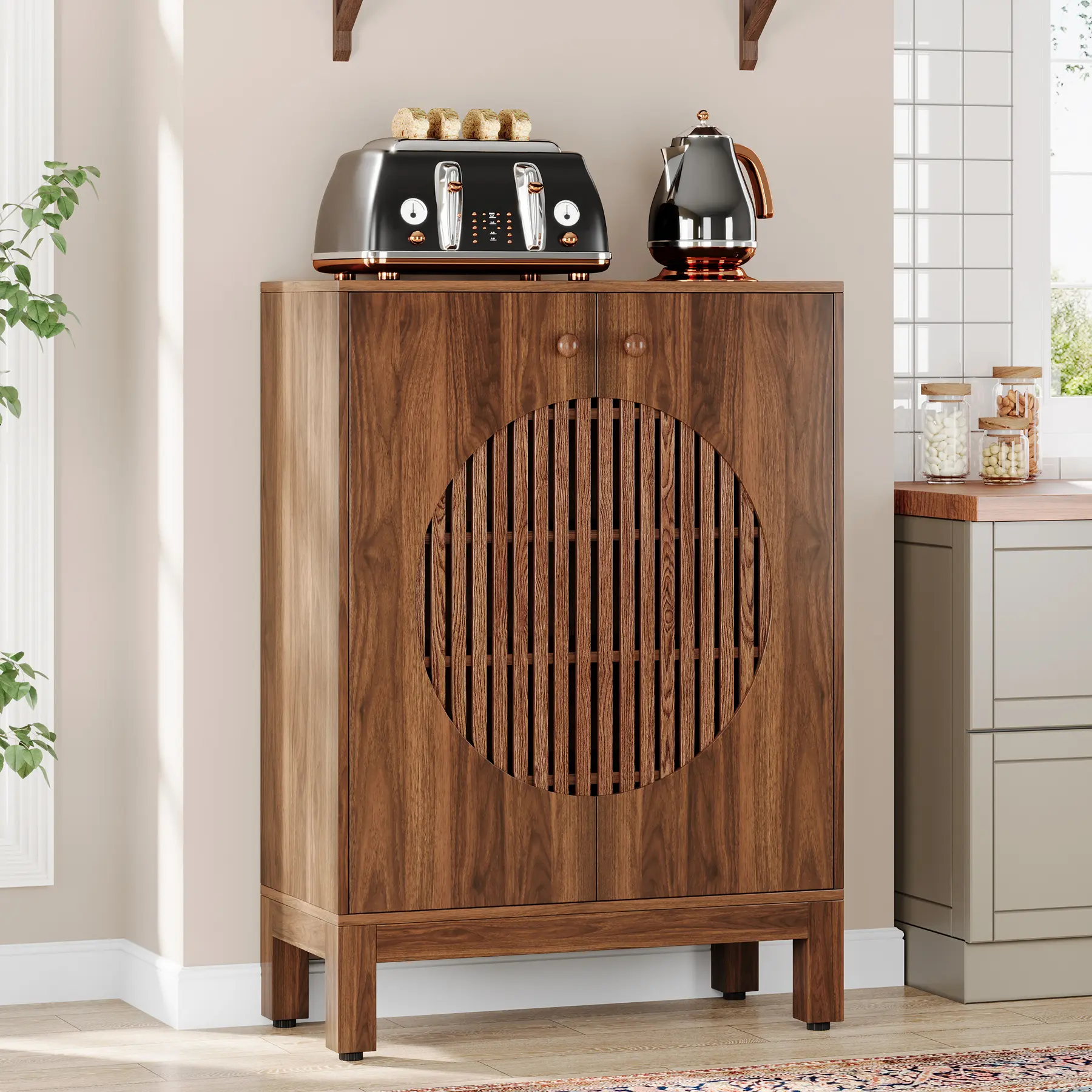 Tribesigns Sideboard Buffet Cabinet with Round Louvered Doors, 5-Tier Wooden Accent Cabinet for Living Room & Dining Room, Brown, 28.74" Tribesigns Sideboard Buffet Cabinet with Round Louvered Doors, 5-Tier Wooden Accent Cabinet for Living Room & Dining Room, Brown, 28.74"