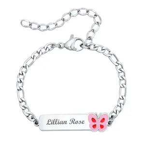 Custom Charm Bracelet (Butterfly/Unicorn/Soccer), Personalized Laser Engraved Name Bar Bracelet for Kids & Girls