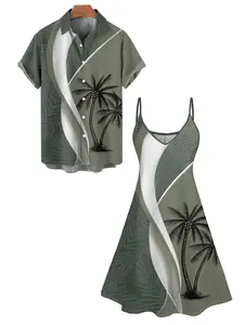 2025 Couple Set Colorblock Women's Coconut Tree Leaf Print Spaghetti Strap Vacation Dress And Men's Roll Up Sleeve Shirt Matching Outfit