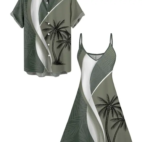 2026 Couple Set Colorblock Women's Coconut Tree Leaf Print Spaghetti Strap Vacation Dress And Men's Roll Up Sleeve Shirt Matching Outfit