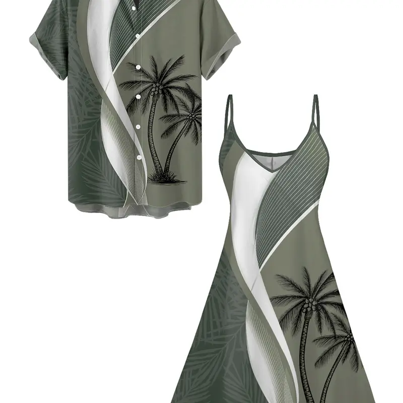 2026 Couple Set Colorblock Women's Coconut Tree Leaf Print Spaghetti Strap Vacation Dress And Men's Roll Up Sleeve Shirt Matching Outfit