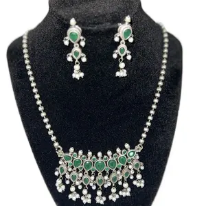 Oxidized Women Long Necklace with Earrings - Elegant Design, Green Stones, and Silver Accents jewelry set. (NO REFUND OR EXCHANGE)