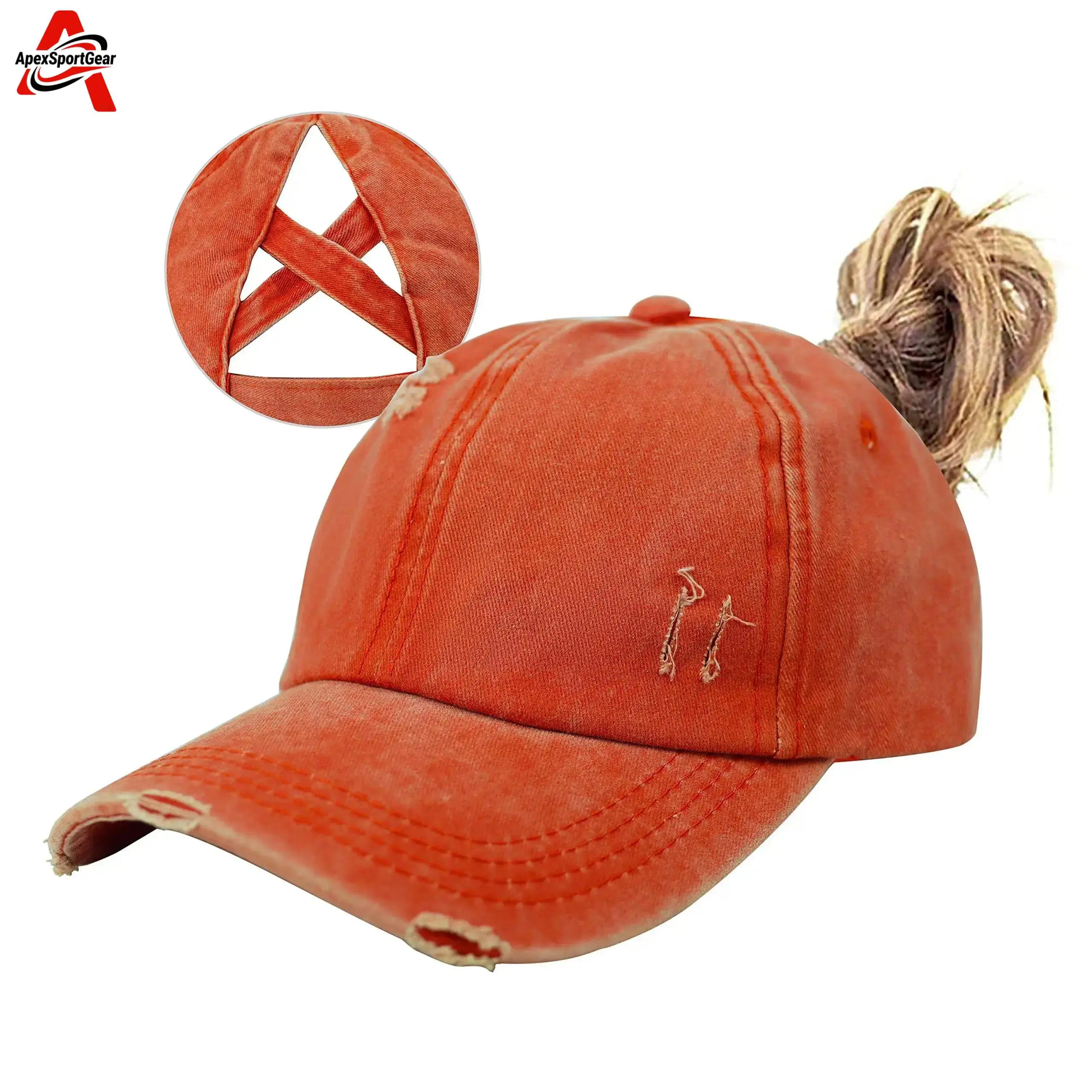 Vintage Washed Cotton Criss Cross Ponytail Baseball Cap Adjustable C.C® Stone-Washed Corduroy Ponytail Cap - Crisscross Elastic  main image 2