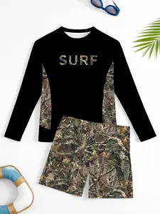 Boys' Quick-Dry Sun Protection Swimwear Set, Surfing Diving Outdoor Sports Swimsuit Camo Shorts Trunks, Casual Loose Fit Short Sleeves