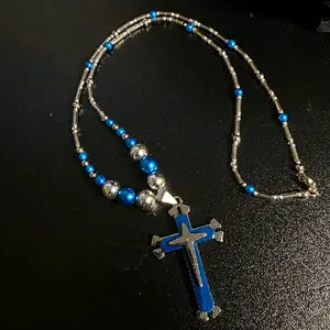 Gabriela Haller HigherKii Artique Metalliic Blue Cross Jewelry Set with Cross Pendant and Beaded Necklace Set
