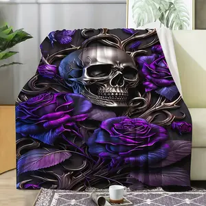 1 Piece Unique Purple Rose and Skull Design Flannel Blanket Soft Casual Warm Blanket Multi-Purpose Office Blanket Outdoor Camping Travel Blanket All-Season Multi-Purpose Gift Blanket