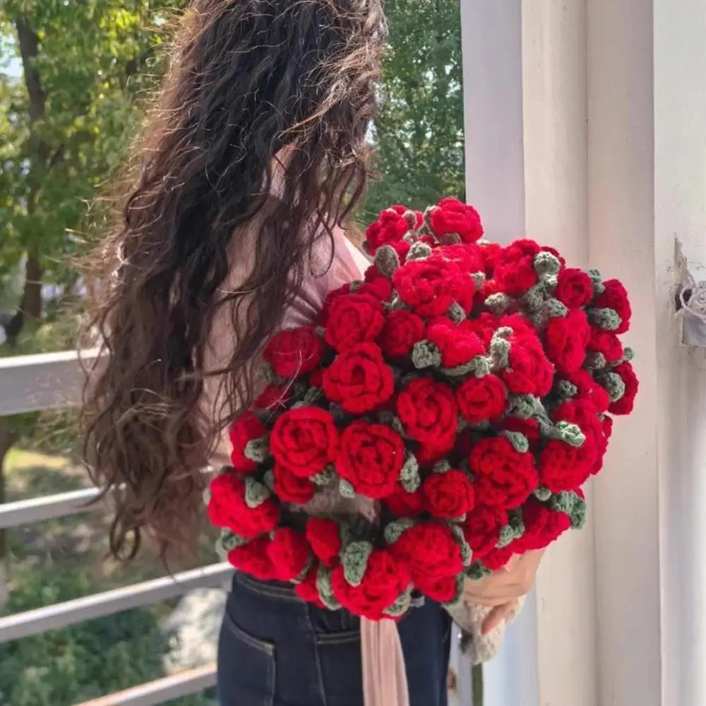 Handmade Crochet Cotton Flower Rose Blanket Bouquet with Gift Bag, 60 cm-Diameter 110 cm Home Supplies, Valentine's Day Gift for Girlfriend
