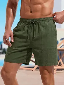 Men's Solid Color Linen Suit Shorts Casual Loose Fit Elastic Drawstring Waist Straight Legs Bottoms Summer Lighweight Breathable and Soft Yoga Beach Short Pants with Pockets Wedding Partise Vacation Daily Going Out Dating Club Lounge Wear