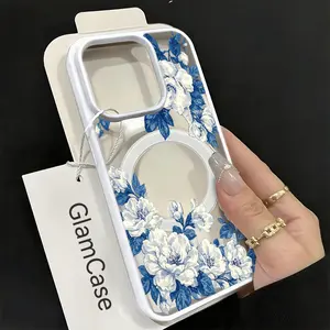 White Peony Floral Phone Case Vintage Botanical Style for iPhone 17 16 15 14 13 12 11 Plus Pro Max Acrylic Frosted Magnetic Suction Case with Hard Shell