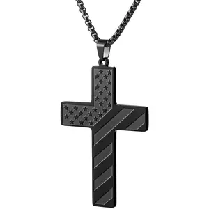 Cross Necklace for Men Stainless Steel Silver Plated American Flag Pendant Bible Verse Cross Necklaces Jewelry Gifts