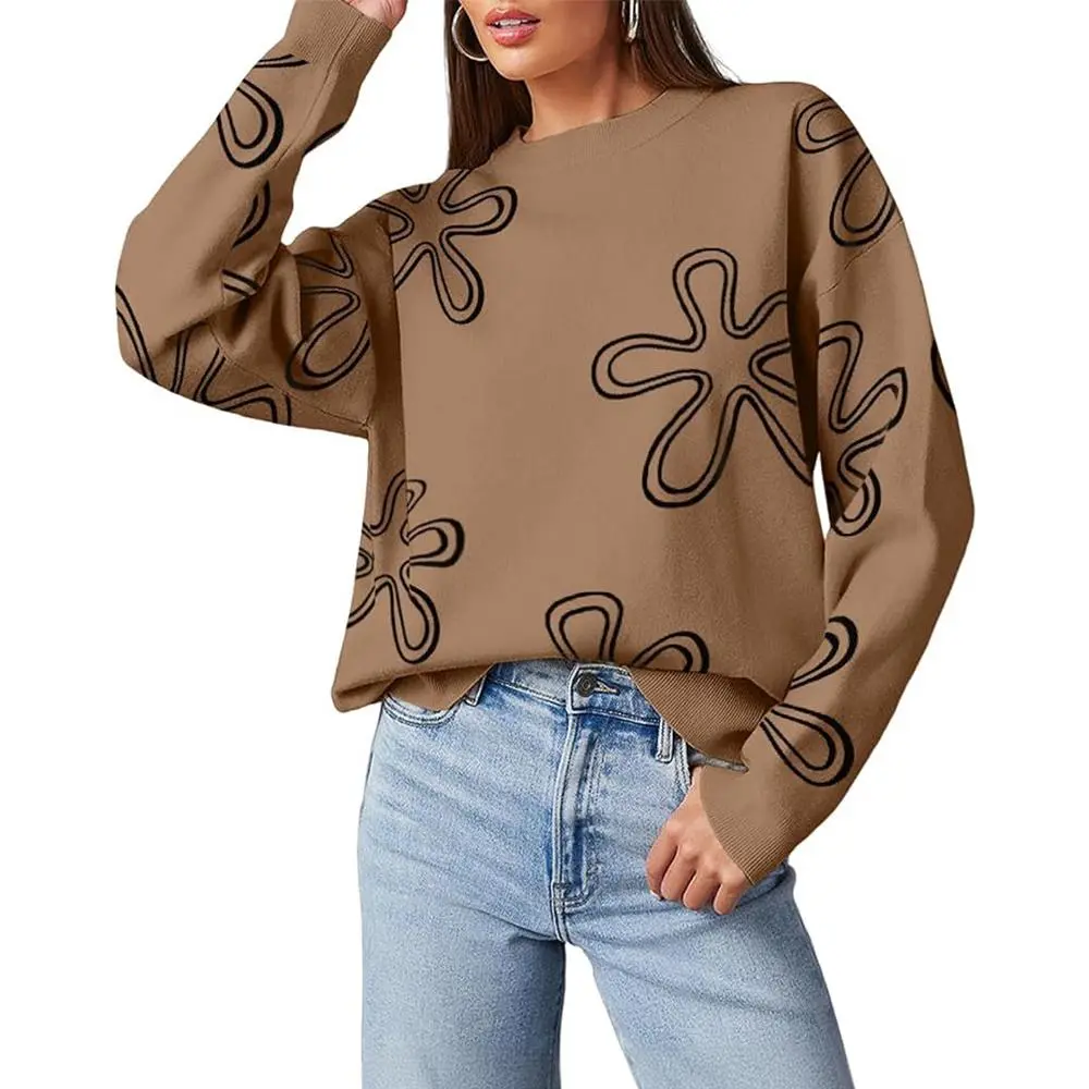 Women's Floral Cable Knit Sweater Soft Loose Fit with Ribbed Cuffs,Casual Long Sleeve Crewneck Pullover, Trendy Early Fall Outfit