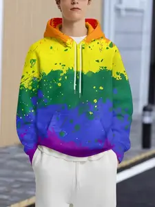 Men's 3D Rainbow Splash Hoodie, Gradient Print, Casual French Terry Sweatshirt with Pockets, Comfortable Daily Wear, Fall & Winter Fashion