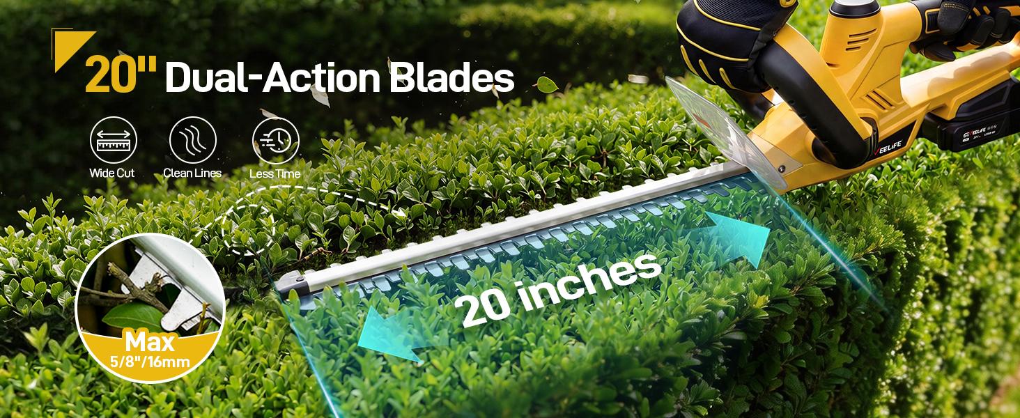 GEVEELIFE 20'' Hedge Trimmer Cordless, 3000RPM Electric Bush Trimmer with Dual-Action Blade, 180° Rotatable Handle & 5/8'' Blade Gap, 2×2.0Ah Battery Powered Hedge Trimmer for Garden Yard