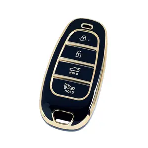 Black TPU Gold Edge Smart Key Fob Case Protective Cover Compatible with Hyundai Tucson Solaris Sonata Hybrid Nexo NX4 Santafe Dn8 4 Buttons Keyless Entry Remote