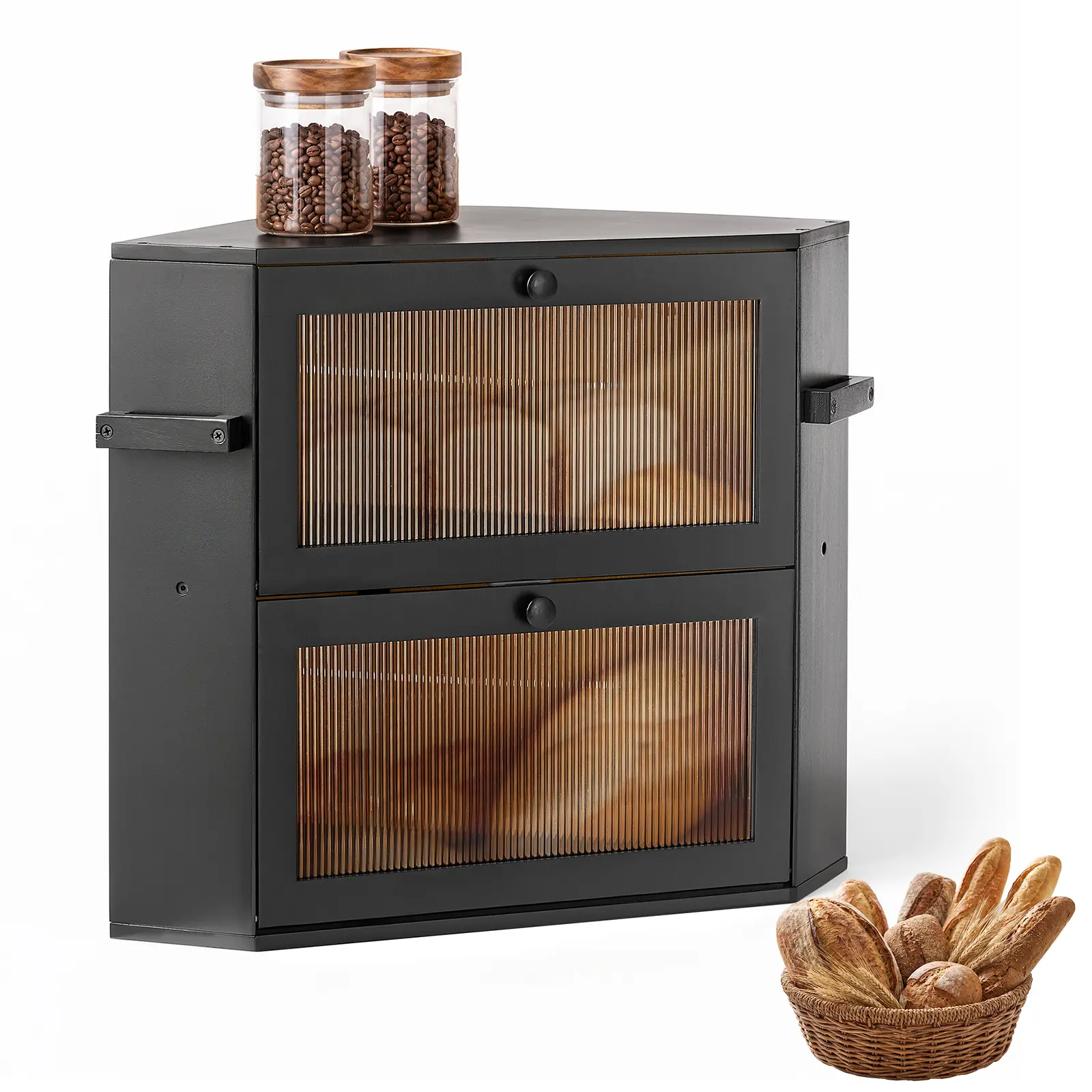 VEVOR Corner Bread Box for Kitchen Counter Bamboo Wood Container Black, for Homemade Bread, Under Cabinet, and Pantry, Double Layer Farmhouse Breadbox Bin, with Acrylic Door Panel and Air Vents