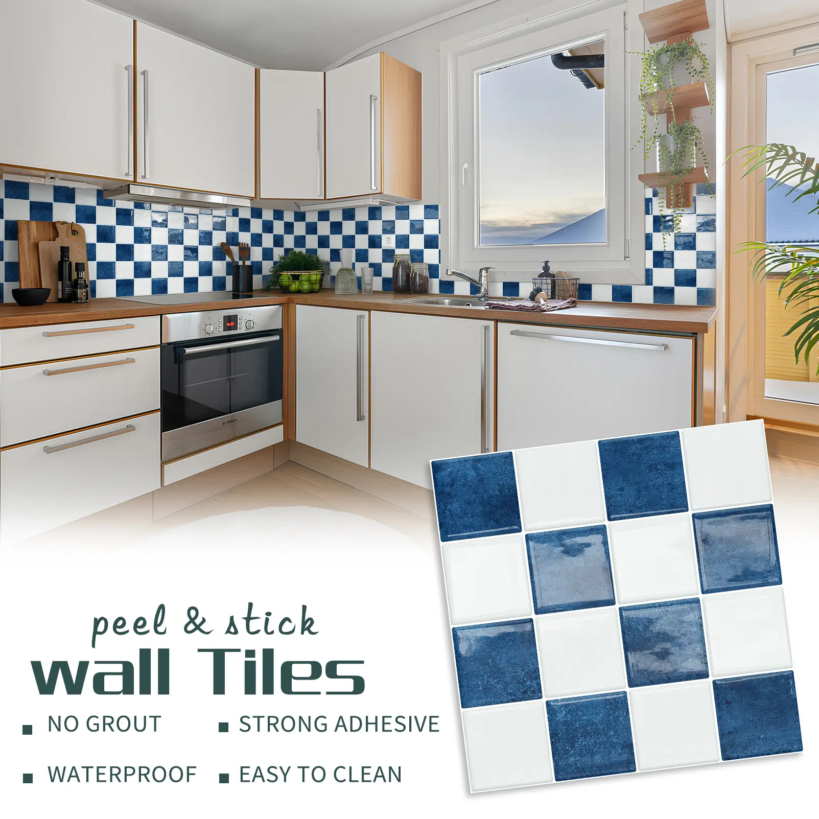 MOONFUN 10-Pcs Glossy Blue White Checkered Grid Peel and Stick Wall Tiles (9"x9"), Removable Renter-Friendly Vinyl Backsplash Stickers, Waterproof Oil-Proof for Kitchen Countertop, Modern Farmhouse Boho Coastal Home Decor unique