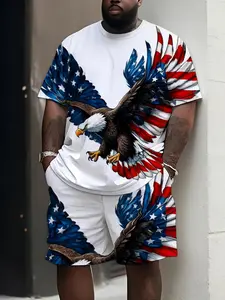 Plus Size Loose-Fitting Short Sleeve Shorts Set, American Flag Star Stripe Print, Casual Streetwear, All Seasons, Man, Clothes