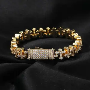 GAB 11.5MM Hip Hop Cross Pendant Bracelet Copper Cubic Zirconia Unisex Chain Unisex Everyday Streetwear Jewelry Gift for Men Women Elegant Bangle