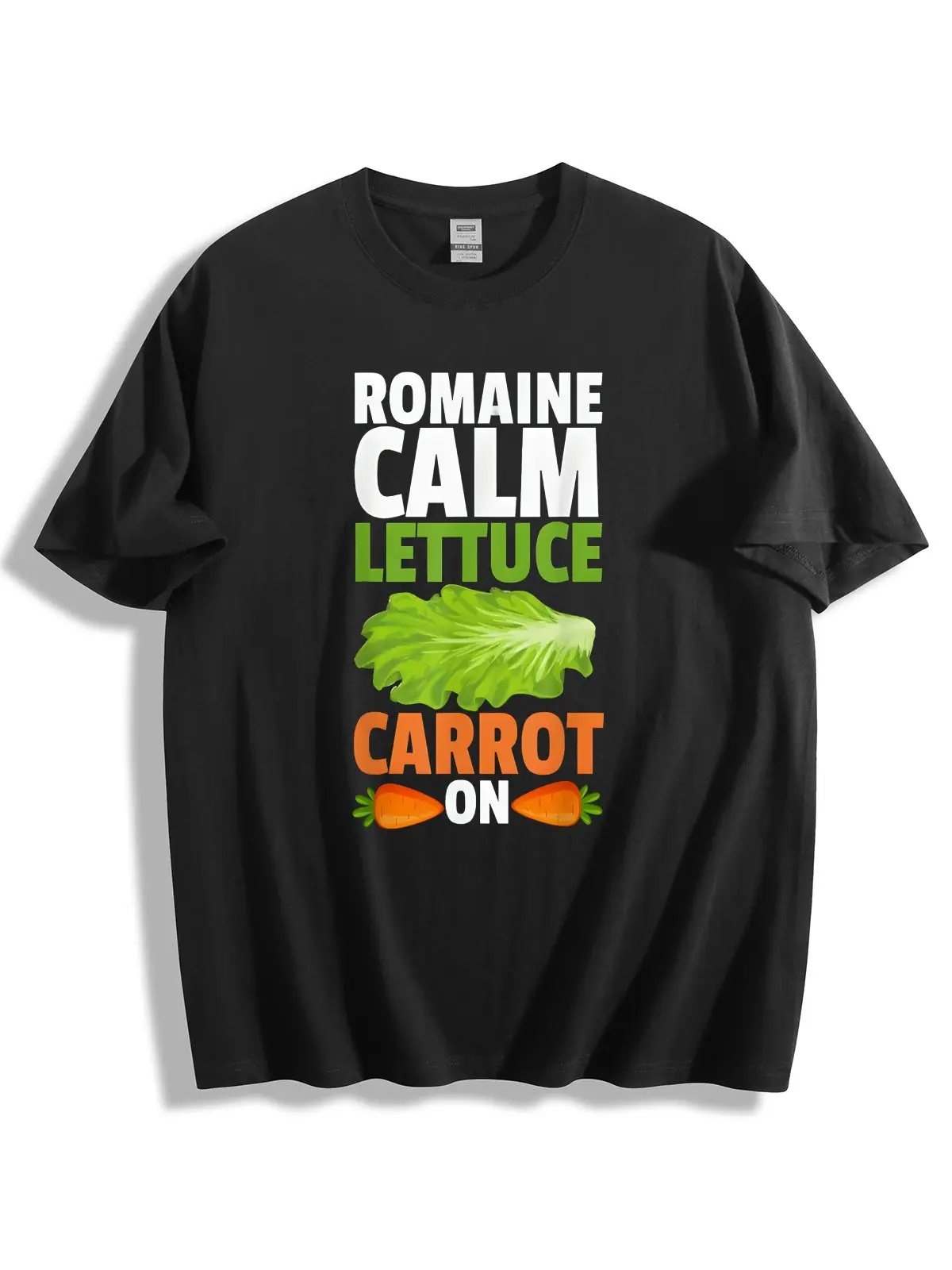 100% Cotton Relaxed Fit Crewneck Short Sleeve T-Shirt, Romaine Calm Lettuce Carrot On Funny Vegetable Pun Graphic Unisex Tee, Humor Vegan Plant Lover Casual Apparel
