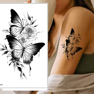 Double Butterfly Rose Temporary Tattoo Sticker, Long-Lasting Body Art for Women, Fashionable Design, Easy to Apply, 1 Piece Pack
