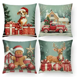 4Pcs, Puppy, House, Gingerbread Man, Deer And House Pinted Pillow Covers 45x45cm - Single-sided Print - Home Decor Accessory, Perfect For Holiday Party Favors/Living room/Bedroom/sofa/Bed Decoration - Pillow Core Not Included