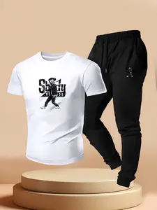 Men's Bboy Print Sportswear Set, Casual Short Sleeve T-Shirt + Sports Pants Two-Piece Set, Summer Hip-Hop Street Style