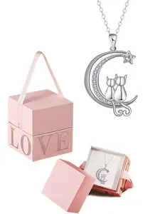 Double Cat Companion Necklace Moon Star Pendant with Elegant Gift Box, Perfect Gift for Pet Lovers Girlfriend or Best Friend