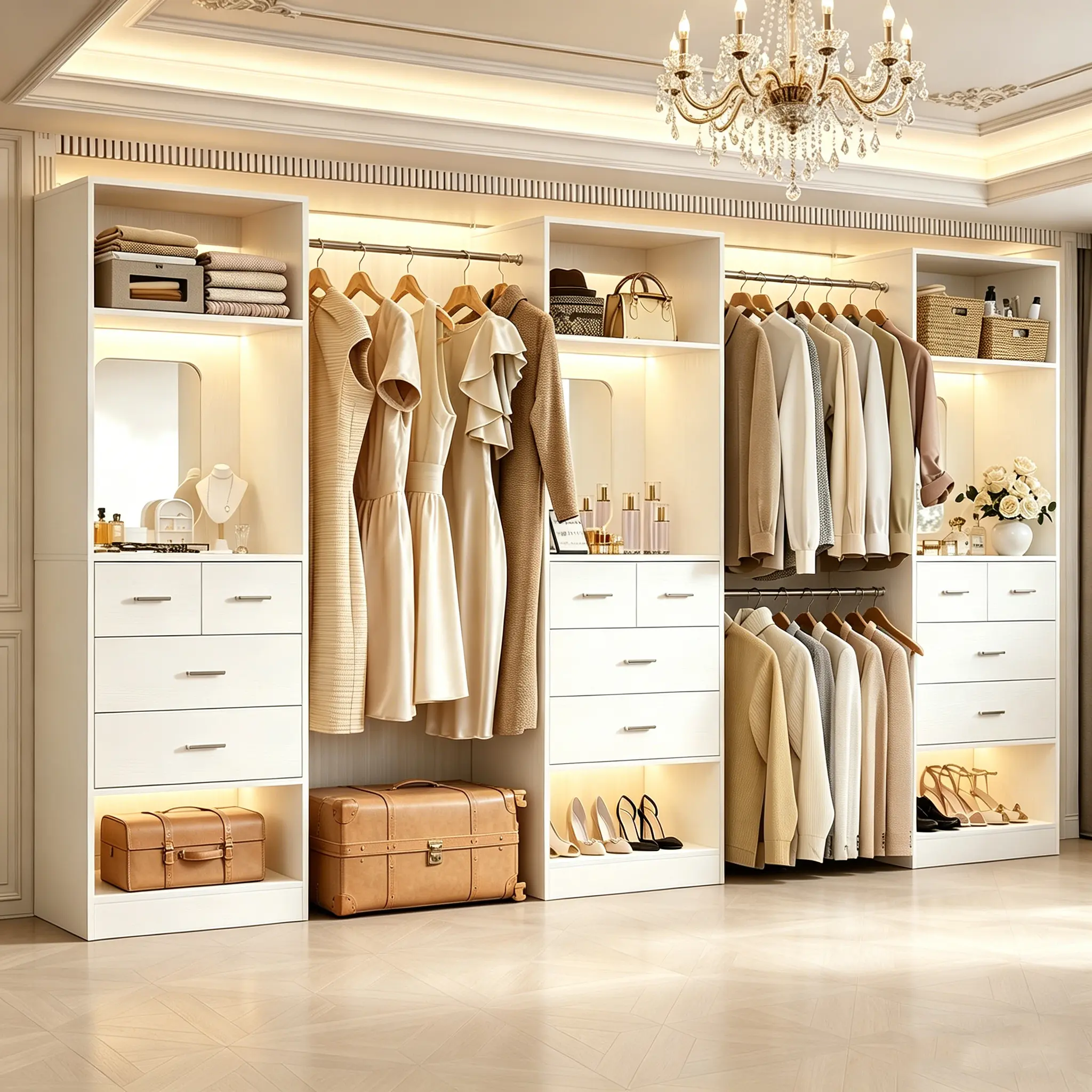 Unikito Closet System with 12 Drawers and 3 Built-in Mirrors, 8.5-16.1ft Large Wood Closet Organizer System, Walk-in Closet Wardrobe with 3 Expandable Hanging Rods, Modular Garment Rack, White