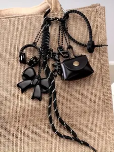 Hand-Woven PU Leather Keychain with Tassel and Heart Charm - Bow, Beads, and Black & White Stripe Design - Perfect for Women's Fashion Accessories and Valentine's Day Gifts