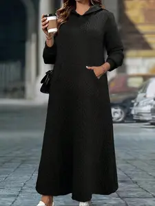 Elegant Plus Size Women's Fall Winter Hooded Dress, Fashionable Commuter Solid Color Long Dress, Stylish Casual Wear