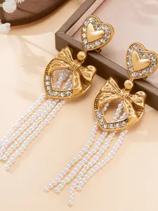 Vintage Gold Heart Butterfly Pearl Fringe Earrings, Luxury Rhinestone Long Drop Earrings, French Court Style Jewelry for Women