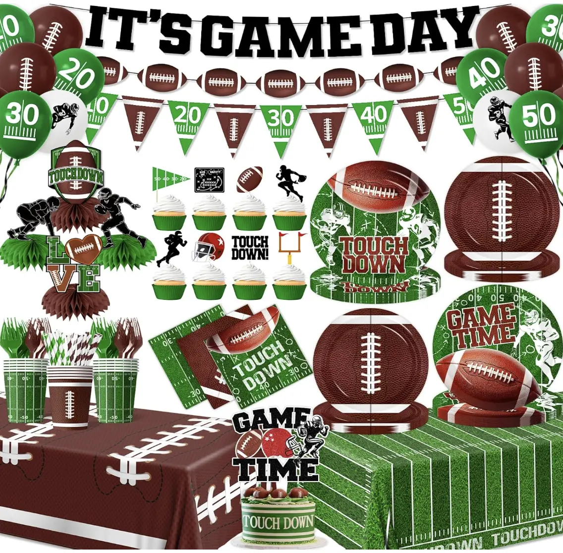 Football Party Decorations Kit Game Day Tableware Set with Balloons, Banner, Tablecloth, Cake & Cupcake Toppers