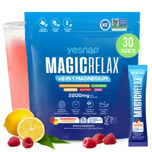 Yesnap MAGICRELAX Calming Sparking Mix with 8-in-1 Magnesium KSM-66 Ashwagandha Saffron Vitamin D3 GABA L-Theanine Supports Cortisol Balance Mood Sleep 30 Servings No Sugar Non GMO Raspberry Lemonade Flavor