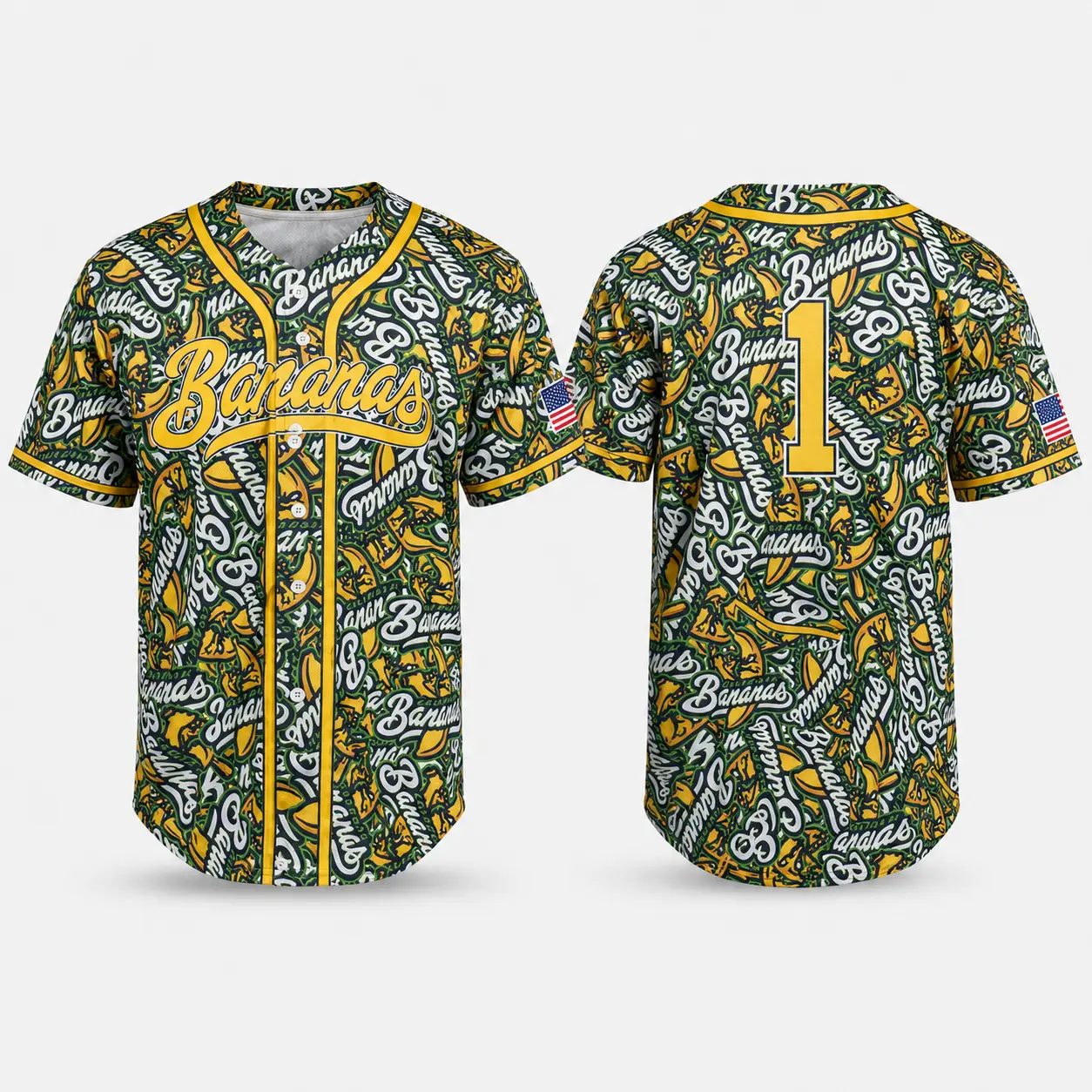 Banana Pattern Baseball Jersey, Green Yellow Tropical Fruit Shirt, Number 1 Unisex Button-Up Summer Streetwear Top