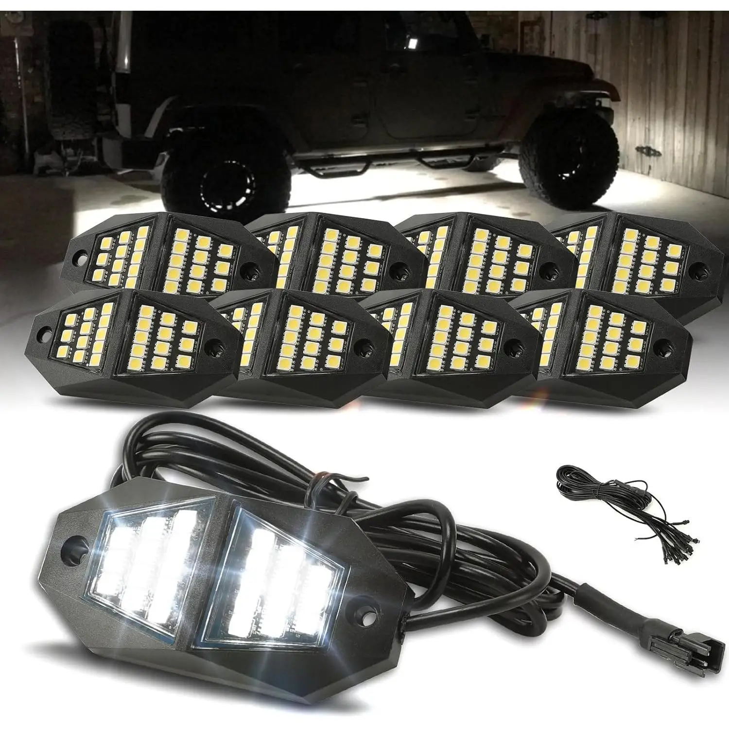 Winunite 210 Degrees Rock Lights 24 Wide Angle SMD Chips 4M Extension Wires Each Light 6000K Pure White, High Adhesive Stickers,IP67 waterproof, Quick