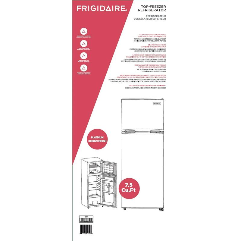 Frigidaire 7.5 Cu. ft. Platinum Series Refrigerator Standard Door Style Stainless Look 7.5 Cu. ft. Capacity Premium Model