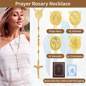 U7 Prayer Rosary Necklace Jesus Cross Crucifix Pendant St. Benedict/ St. Michael/St. Christopher/Virgin Mary Medal Pendant Silver/Golden/Black Stainless Steel Necklace Gifts for Women Men
