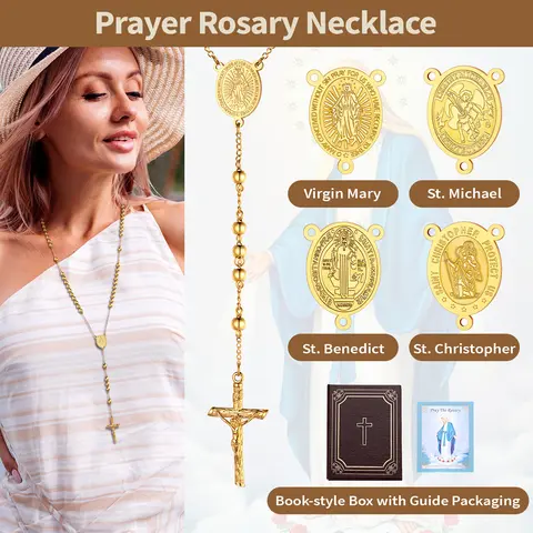 U7 Prayer Rosary Necklace Jesus Cross Crucifix Pendant St. Benedict/ St. Michael/St. Christopher/Virgin Mary Medal Pendant Silver/Golden/Black Stainless Steel Necklace Gifts for Women Men