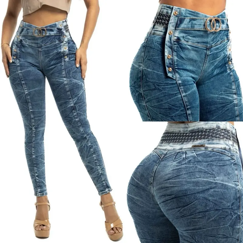 Women's W64-505 Rhinestone Denim Pants - Colombian Buttlifting, Stretch, Comfortable Fit Lady Bottoms for Everyday Wear
