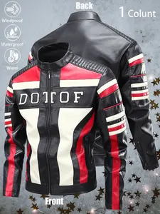 New Men's Casual Windproof, Warm, Waterproof, Durable, and Wrinkle-Resistant Motorcycle PU Leather Jacket Versatile Letter Patchwork Racing-Style Outerwear Ideal for Daily Commuting, Wilderness Adventures, Hiking, and Fishing Outfits christmas gift ideas
