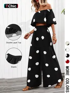 Women's 2-Piece Set, One-Shoulder Top + Casual Long Pants, Loose-Fitting Polka Dot, Perfect for Beach Vacation, Comfortable & Stylish