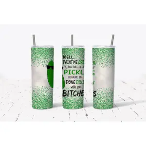 Paint Me Green - Done Dillin With You - Pickle - Green Glitter - 20oz Stainless Steel Tumbler - With Straw - And Lid